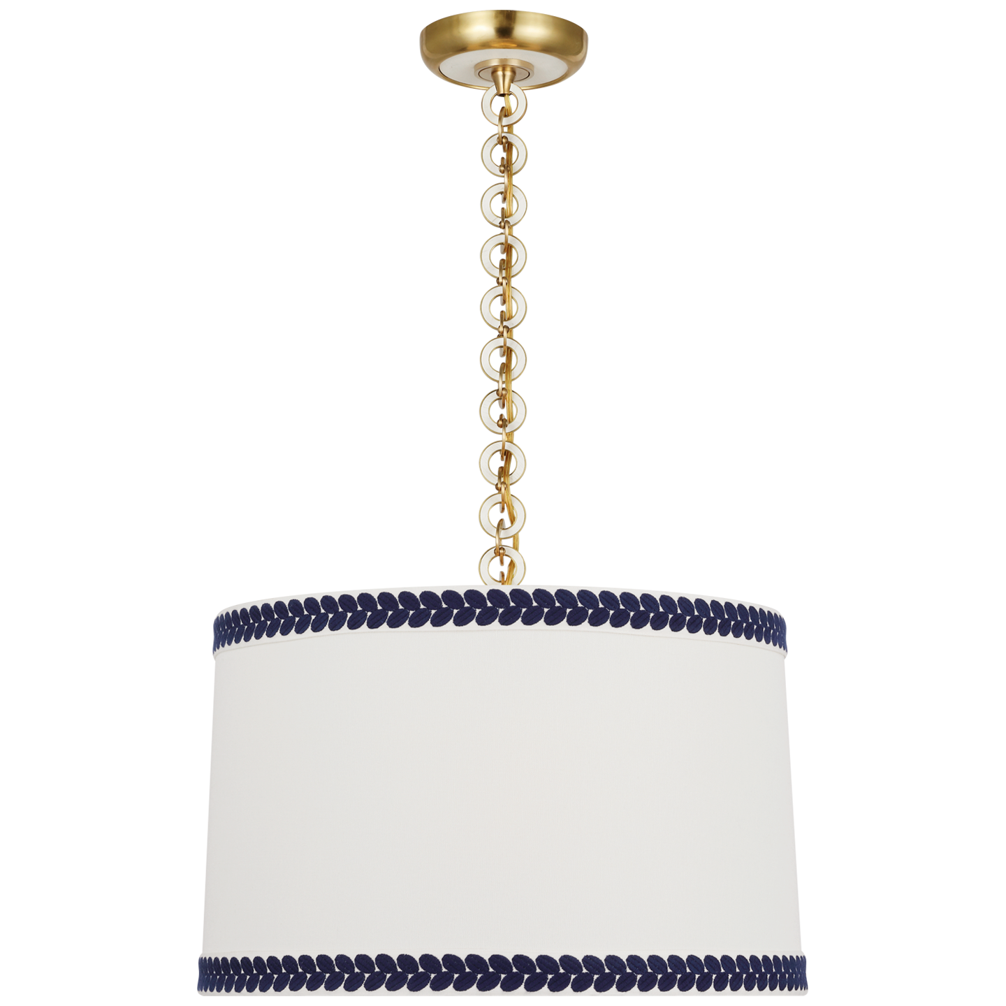 Evelyn 19" Hanging Shade | Hand-Rubbed Antique Brass and White Oak | Linen Shade and Schumacher Blue Berkeley Tape