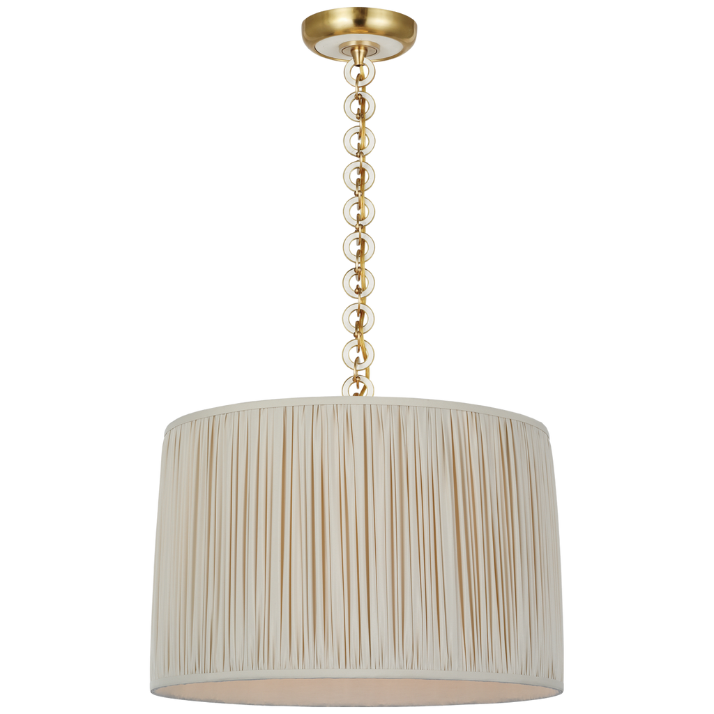 Evelyn 19" Hanging Shade | Hand-Rubbed Antique Brass and White Oak | Champagne Silk Pleated Shade