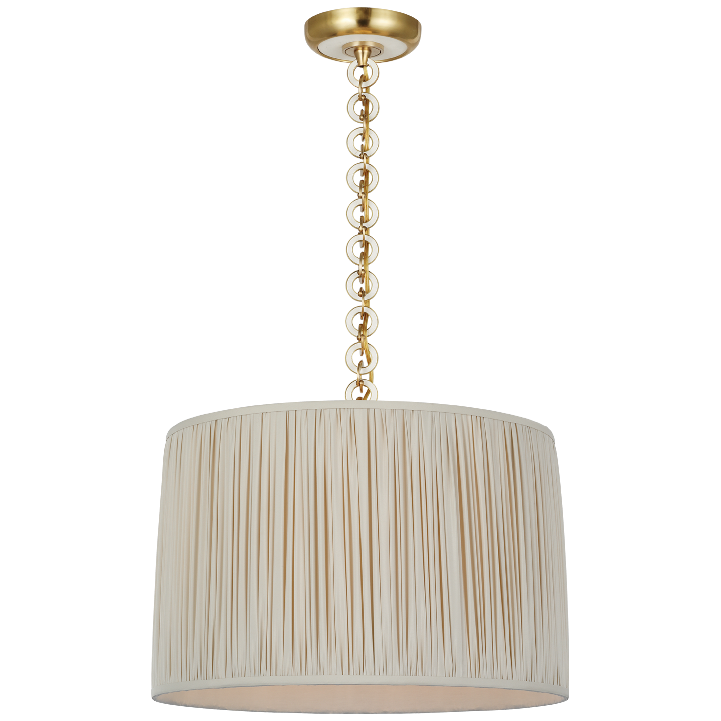 Evelyn 19" Hanging Shade | Hand-Rubbed Antique Brass and White Oak | Champagne Silk Pleated Shade