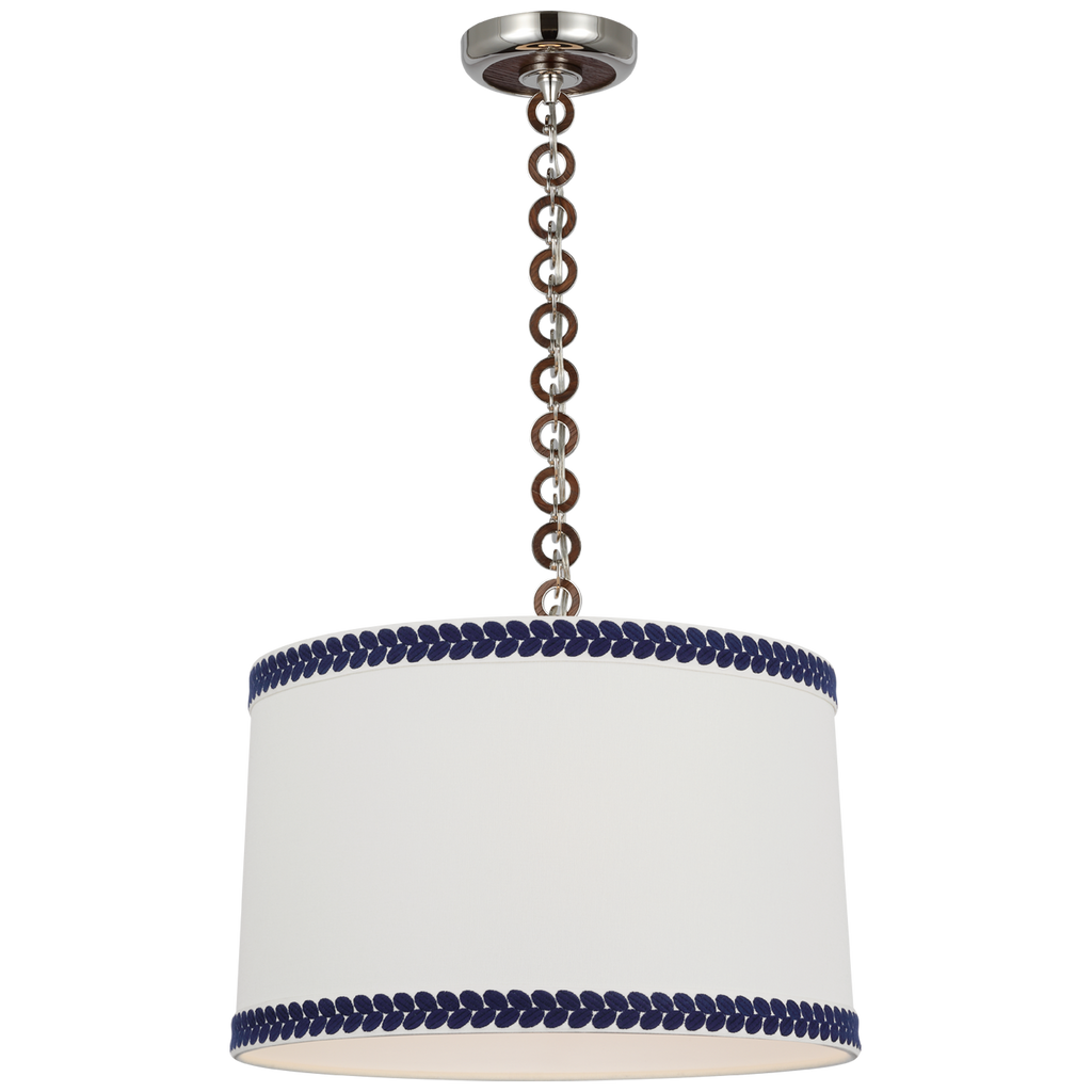 Evelyn 19" Hanging Shade | Polished Nickel and Natural Oak | Linen Shade and Schumacher Blue Berkeley Tape