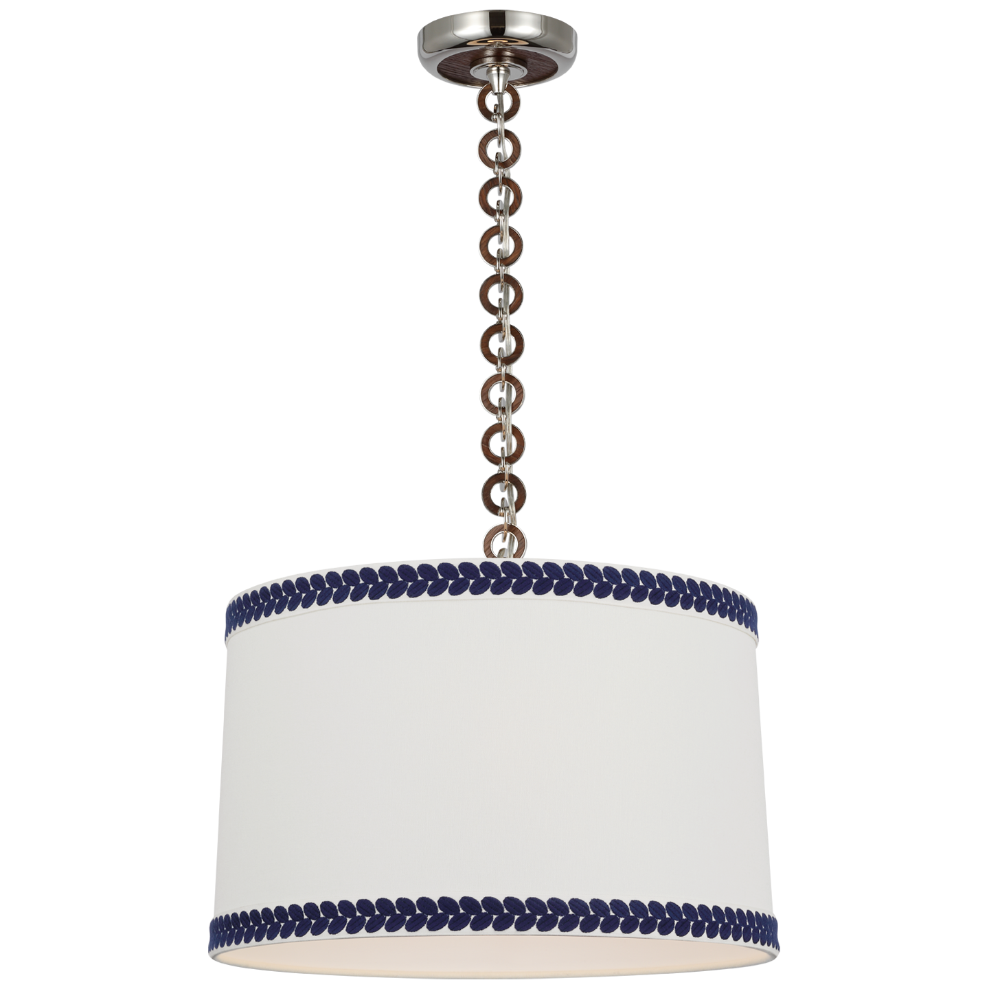 Evelyn 19" Hanging Shade | Polished Nickel and Natural Oak | Linen Shade and Schumacher Blue Berkeley Tape