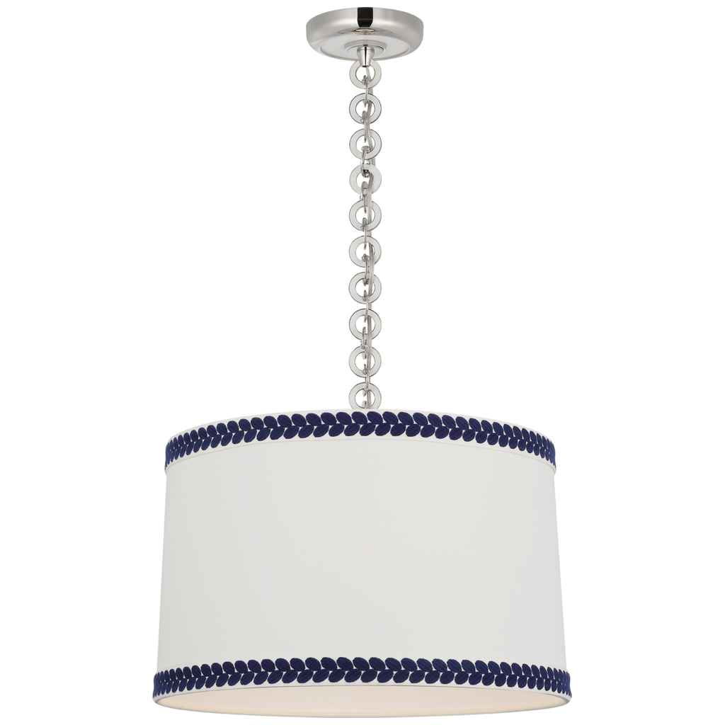 Evelyn 19" Hanging Shade | Polished Nickel and White Oak | Linen Shade and Schumacher Blue Berkeley Tape