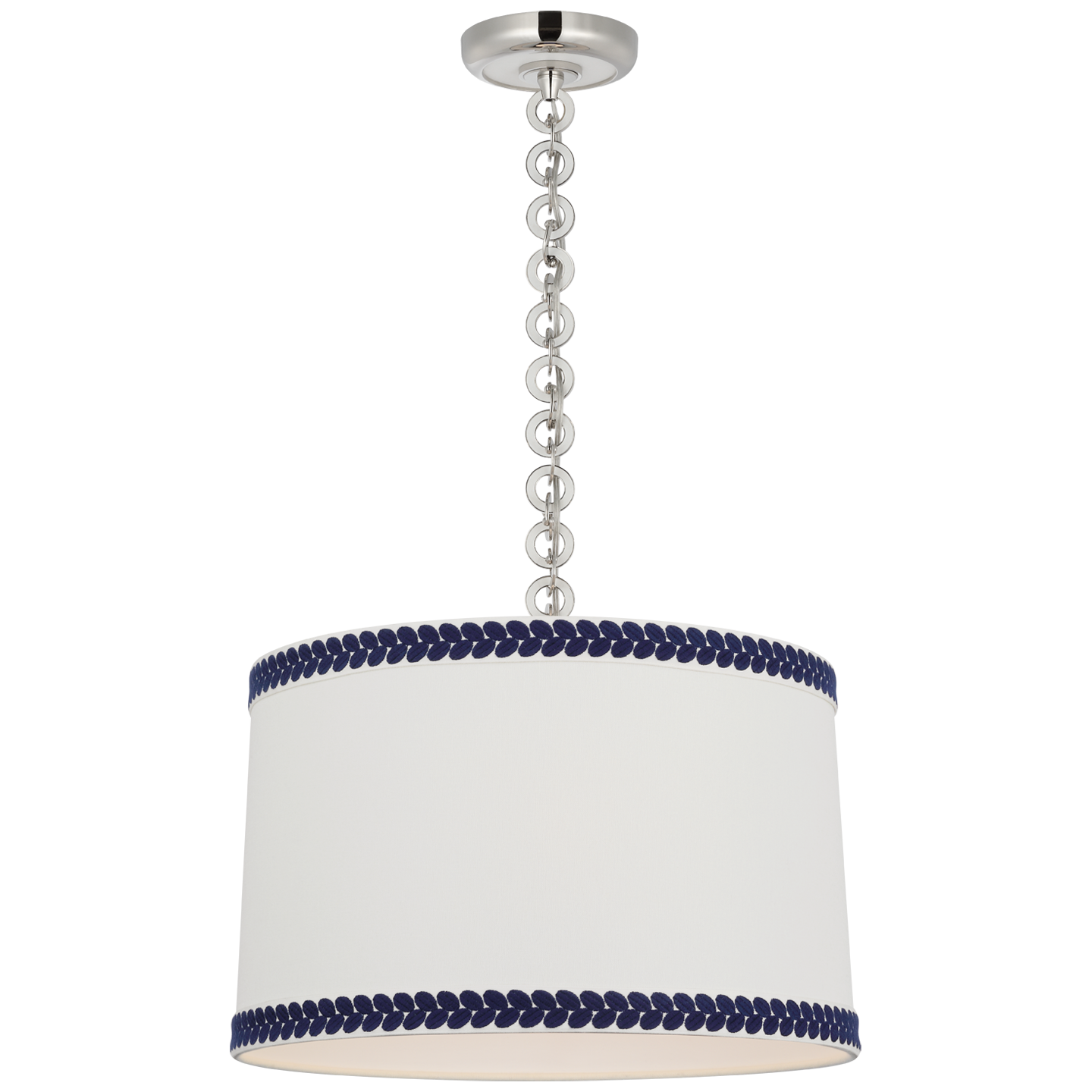 Evelyn 19" Hanging Shade | Polished Nickel and White Oak | Linen Shade and Schumacher Blue Berkeley Tape