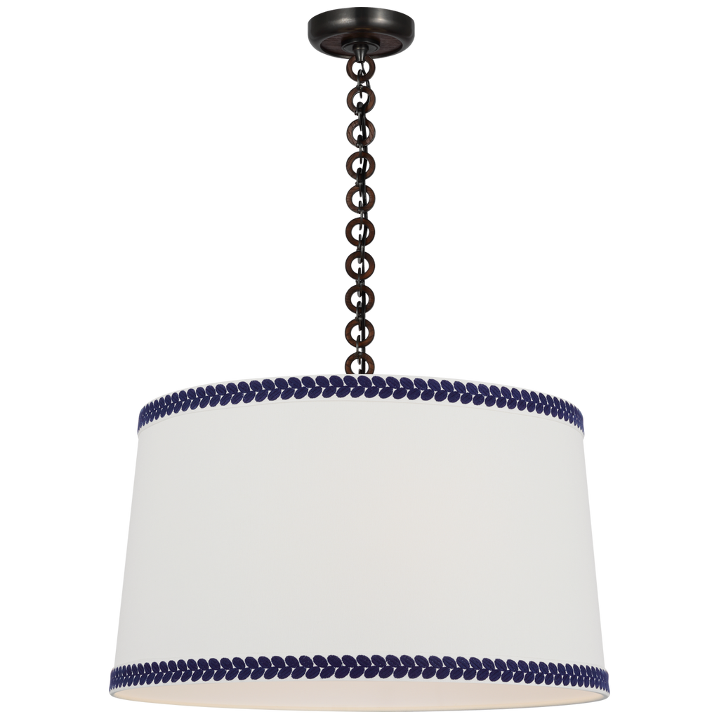 Evelyn 25" Hanging Shade | Bronze and Natural Oak | Linen Shade and Schumacher Blue Berkeley Tape