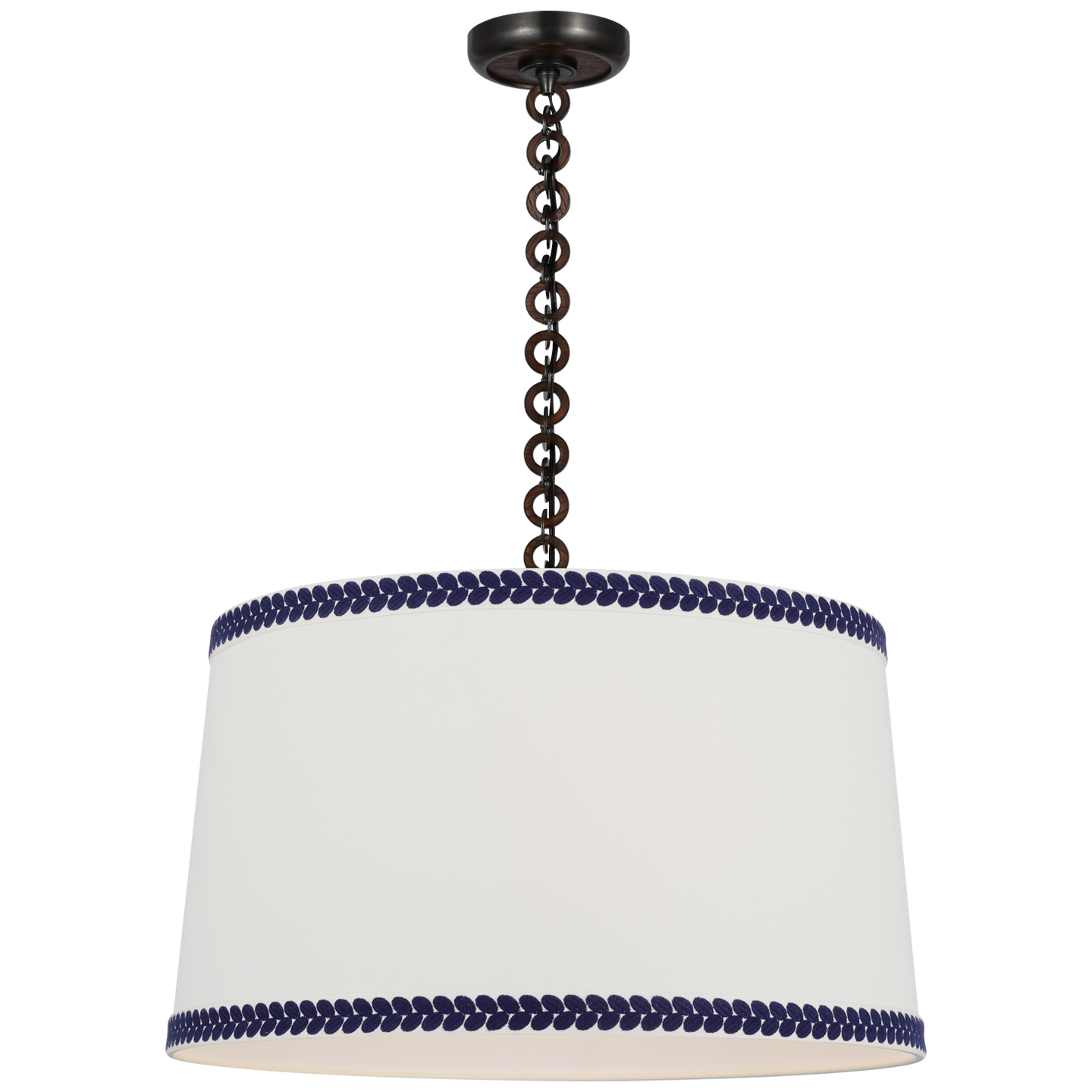 Evelyn 25" Hanging Shade | Bronze and Natural Oak | Linen Shade and Schumacher Blue Berkeley Tape