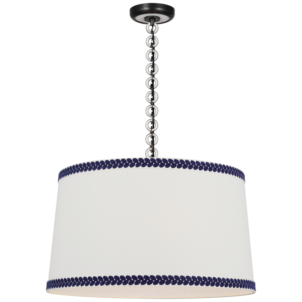 Evelyn 25" Hanging Shade | Bronze and White Oak | Linen Shade and Schumacher Blue Berkeley Tape