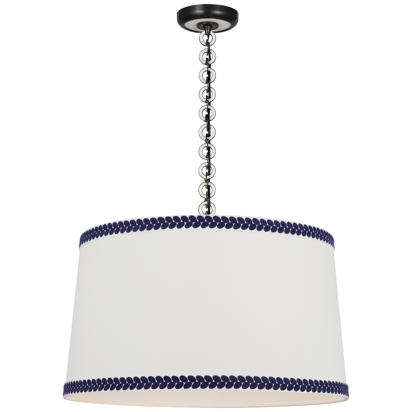 Evelyn 25" Hanging Shade | Bronze and White Oak | Linen Shade and Schumacher Blue Berkeley Tape