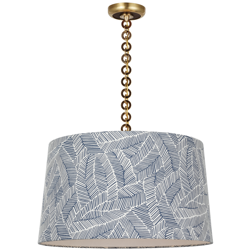 Evelyn 25" Hanging Shade | Hand-Rubbed Antique Brass and Natural Oak | Schumacher Navy Abstract Leaf Shade
