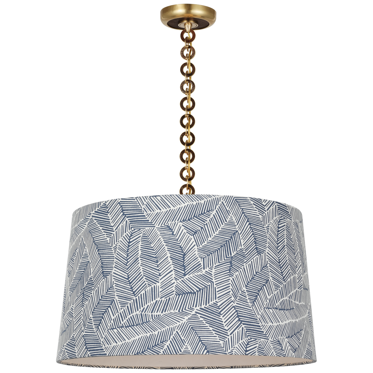 Evelyn 25" Hanging Shade | Hand-Rubbed Antique Brass and Natural Oak | Schumacher Navy Abstract Leaf Shade