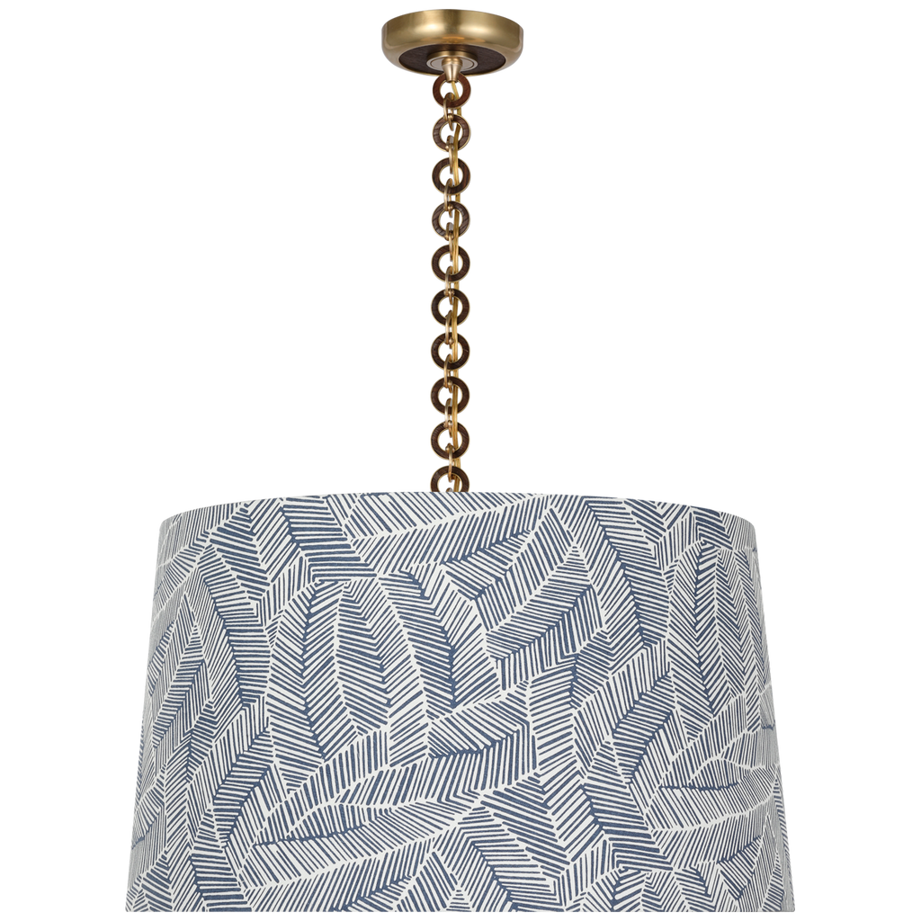 Evelyn 25" Hanging Shade | Hand-Rubbed Antique Brass and Natural Oak | Schumacher Navy Abstract Leaf Shade