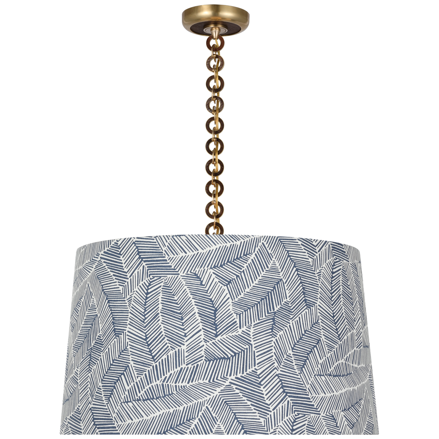 Evelyn 25" Hanging Shade | Hand-Rubbed Antique Brass and Natural Oak | Schumacher Navy Abstract Leaf Shade