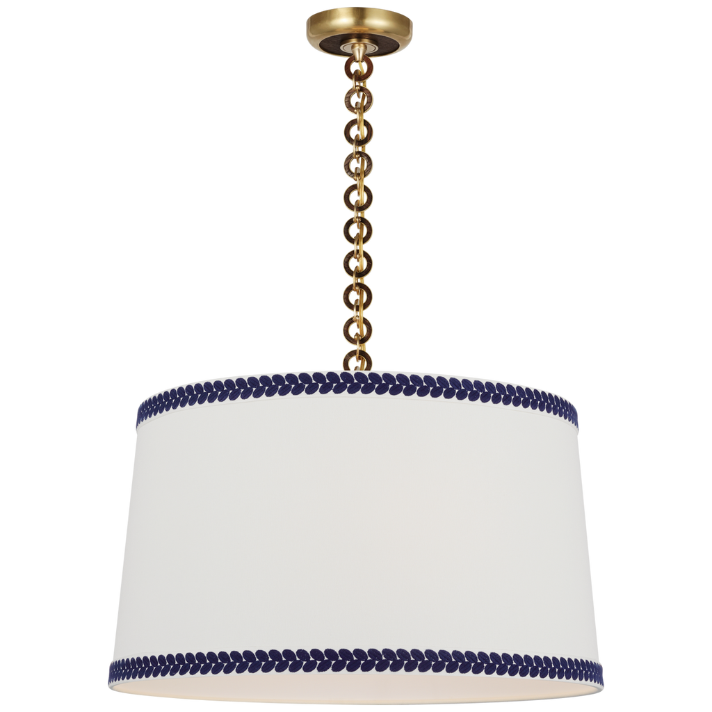 Evelyn 25" Hanging Shade | Hand-Rubbed Antique Brass and Natural Oak | Linen Shade and Schumacher Blue Berkeley Tape