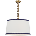 Evelyn 25" Hanging Shade | Hand-Rubbed Antique Brass and Natural Oak | Linen Shade and Schumacher Blue Berkeley Tape