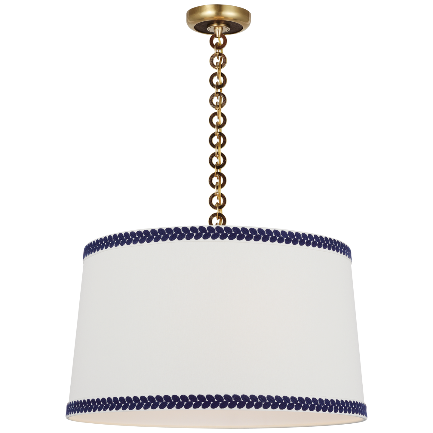 Evelyn 25" Hanging Shade | Hand-Rubbed Antique Brass and Natural Oak | Linen Shade and Schumacher Blue Berkeley Tape