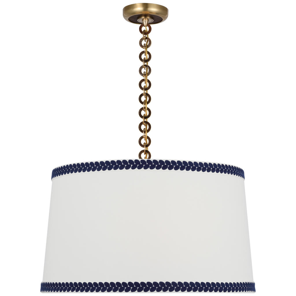 Evelyn 25" Hanging Shade | Hand-Rubbed Antique Brass and Natural Oak | Linen Shade and Schumacher Blue Berkeley Tape