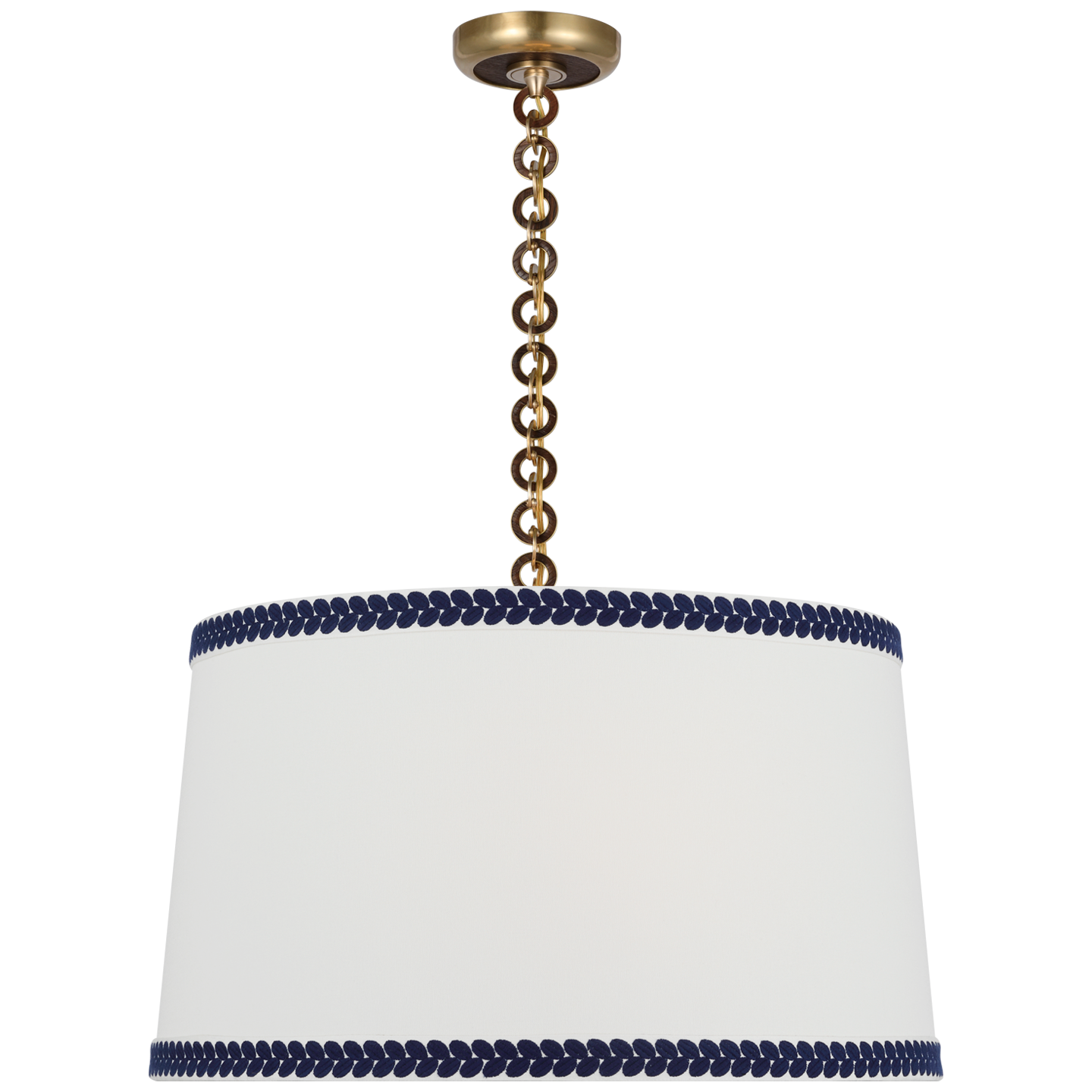Evelyn 25" Hanging Shade | Hand-Rubbed Antique Brass and Natural Oak | Linen Shade and Schumacher Blue Berkeley Tape
