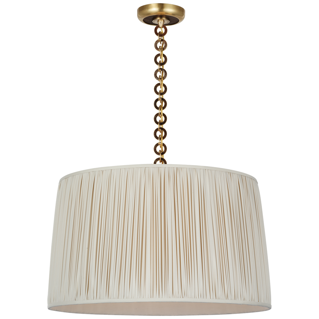 Evelyn 25" Hanging Shade | Hand-Rubbed Antique Brass and Natural Oak | Champagne Silk Pleated Shade