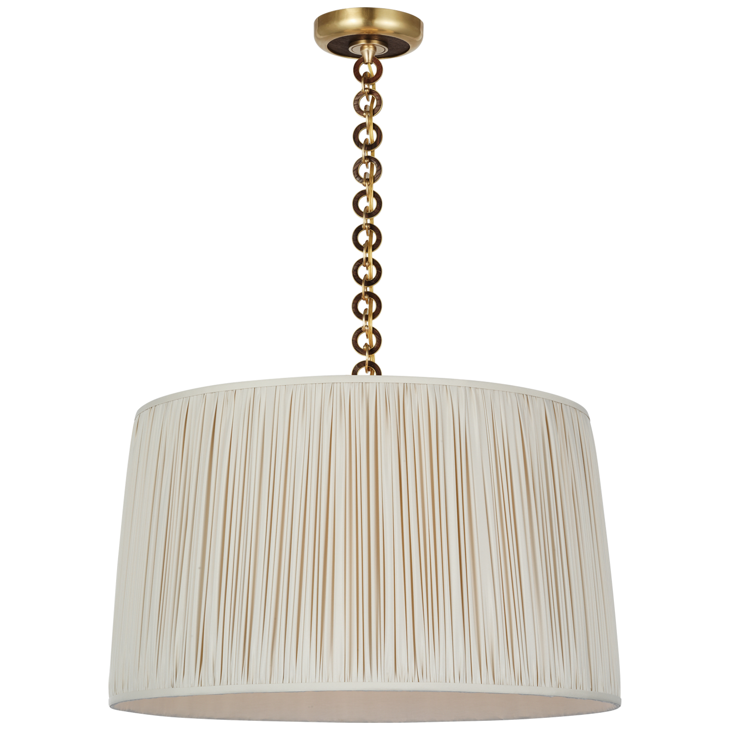 Evelyn 25" Hanging Shade | Hand-Rubbed Antique Brass and Natural Oak | Champagne Silk Pleated Shade