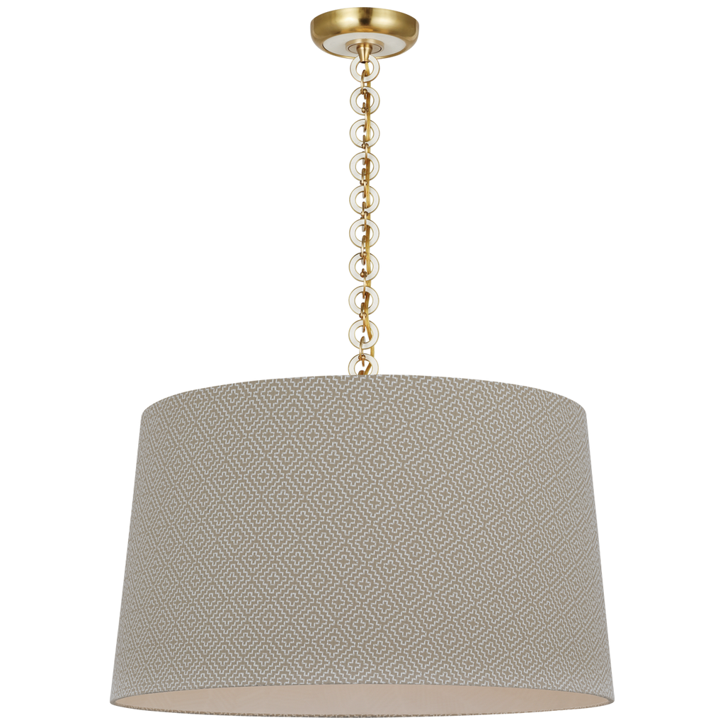 Evelyn 25" Hanging Shade | Hand-Rubbed Antique Brass and White Oak | Schumacher Dove Soho Weave Shade