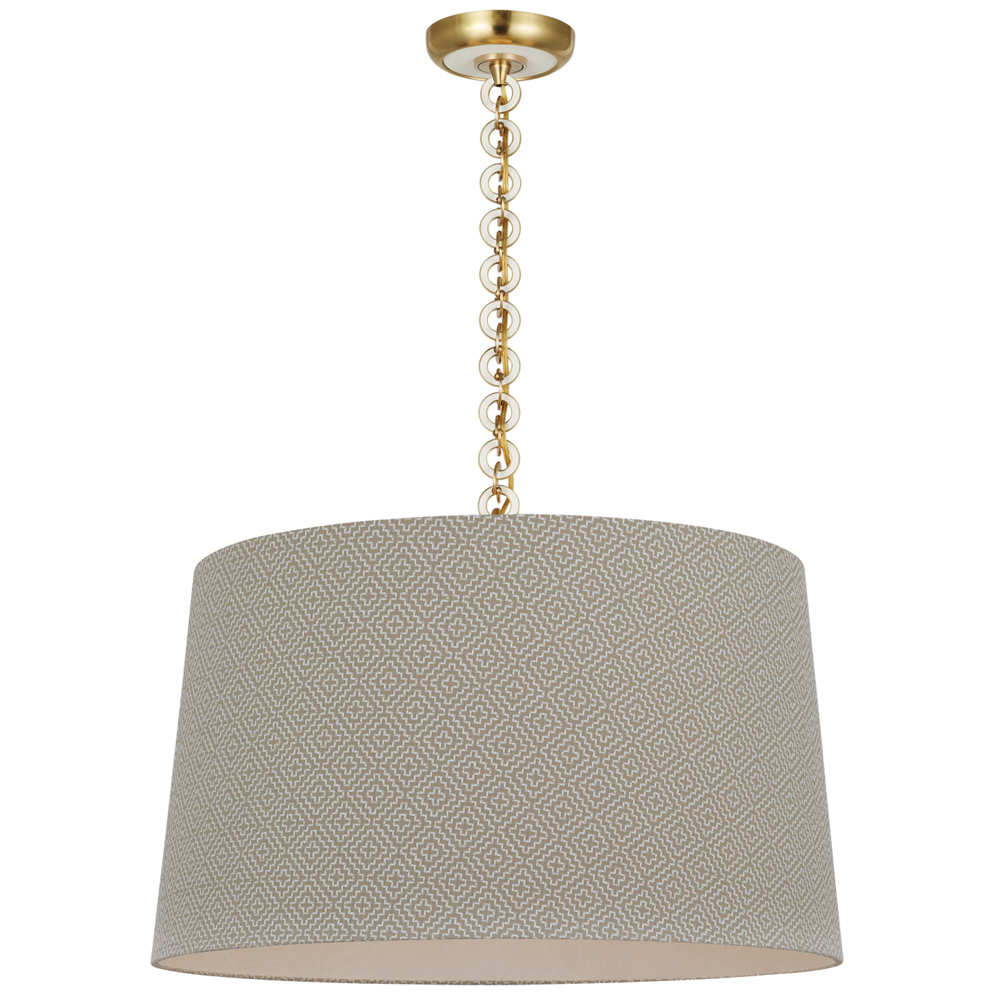 Evelyn 25" Hanging Shade | Hand-Rubbed Antique Brass and White Oak | Schumacher Dove Soho Weave Shade