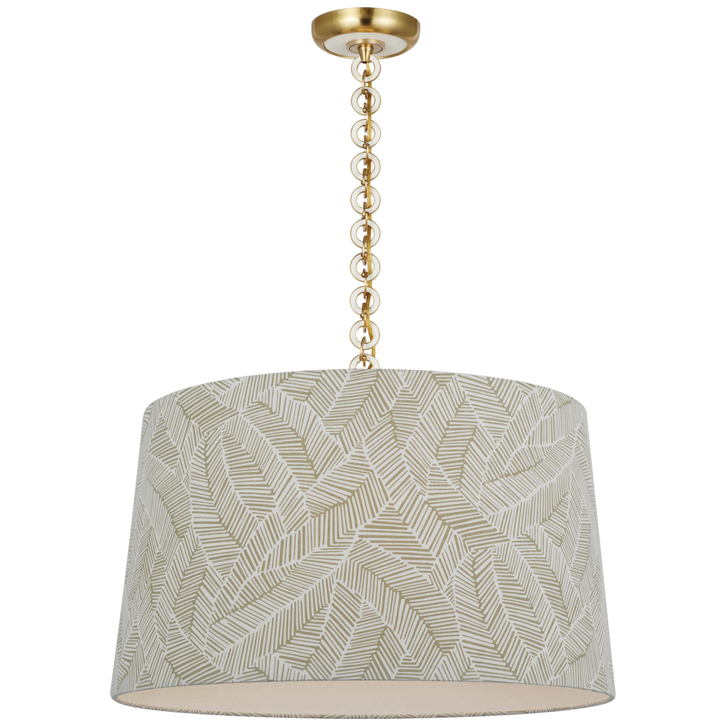 Evelyn 25" Hanging Shade | Hand-Rubbed Antique Brass and White Oak | Schumacher Taupe Abstract Leaf Shade