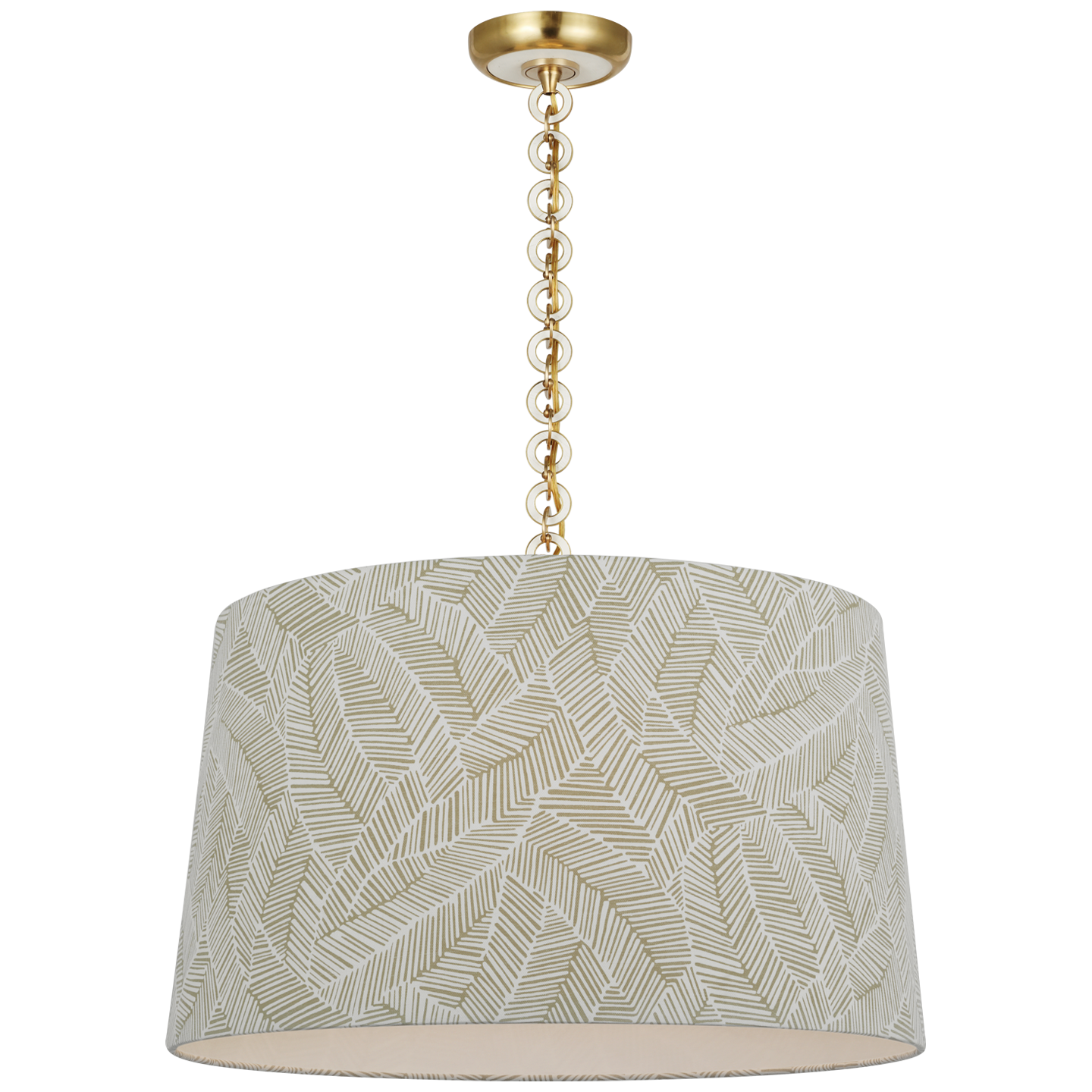 Evelyn 25" Hanging Shade | Hand-Rubbed Antique Brass and White Oak | Schumacher Taupe Abstract Leaf Shade