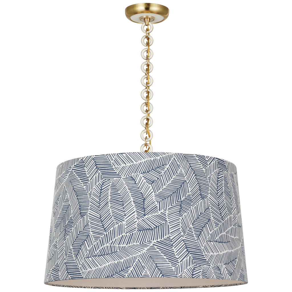 Evelyn 25" Hanging Shade | Hand-Rubbed Antique Brass and White Oak | Schumacher Navy Abstract Leaf Shade