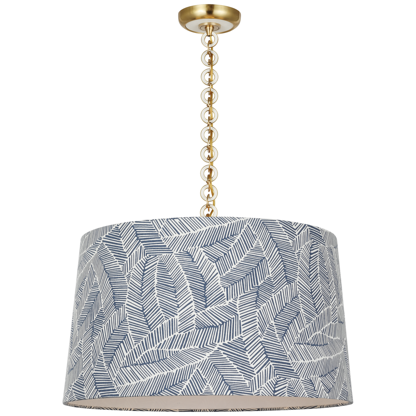 Evelyn 25" Hanging Shade | Hand-Rubbed Antique Brass and White Oak | Schumacher Navy Abstract Leaf Shade