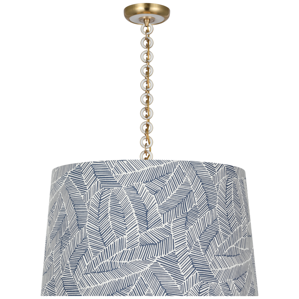 Evelyn 25" Hanging Shade | Hand-Rubbed Antique Brass and White Oak | Schumacher Navy Abstract Leaf Shade