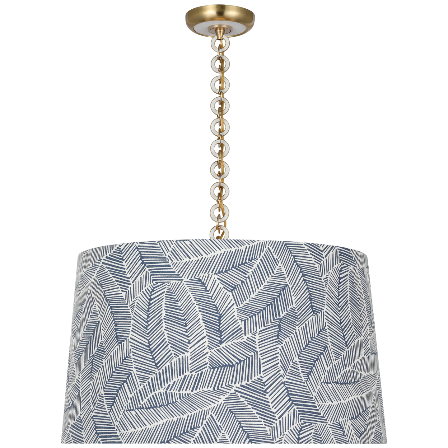 Evelyn 25" Hanging Shade | Hand-Rubbed Antique Brass and White Oak | Schumacher Navy Abstract Leaf Shade