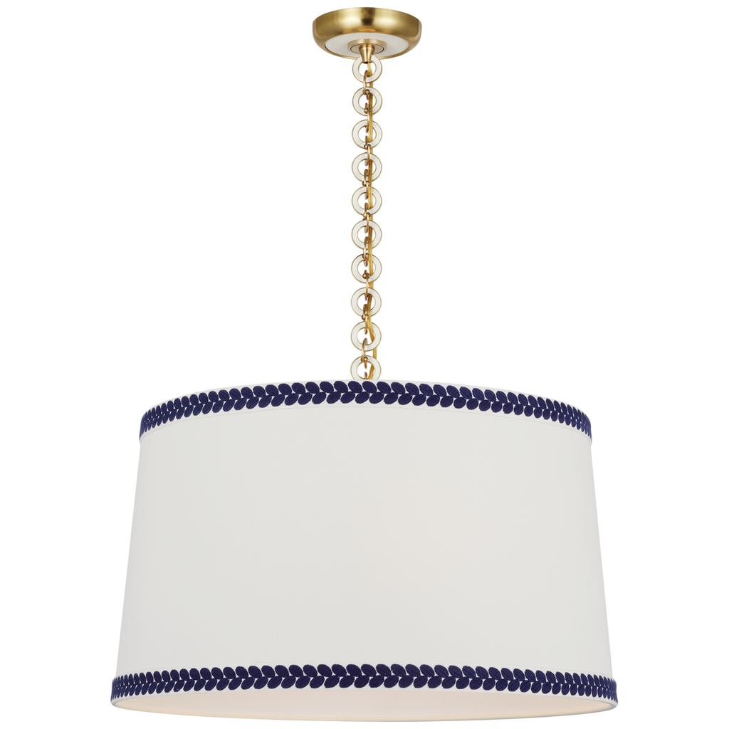 Evelyn 25" Hanging Shade | Hand-Rubbed Antique Brass and White Oak | Linen Shade and Schumacher Blue Berkeley Tape