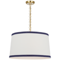 Evelyn 25" Hanging Shade | Hand-Rubbed Antique Brass and White Oak | Linen Shade and Schumacher Blue Berkeley Tape