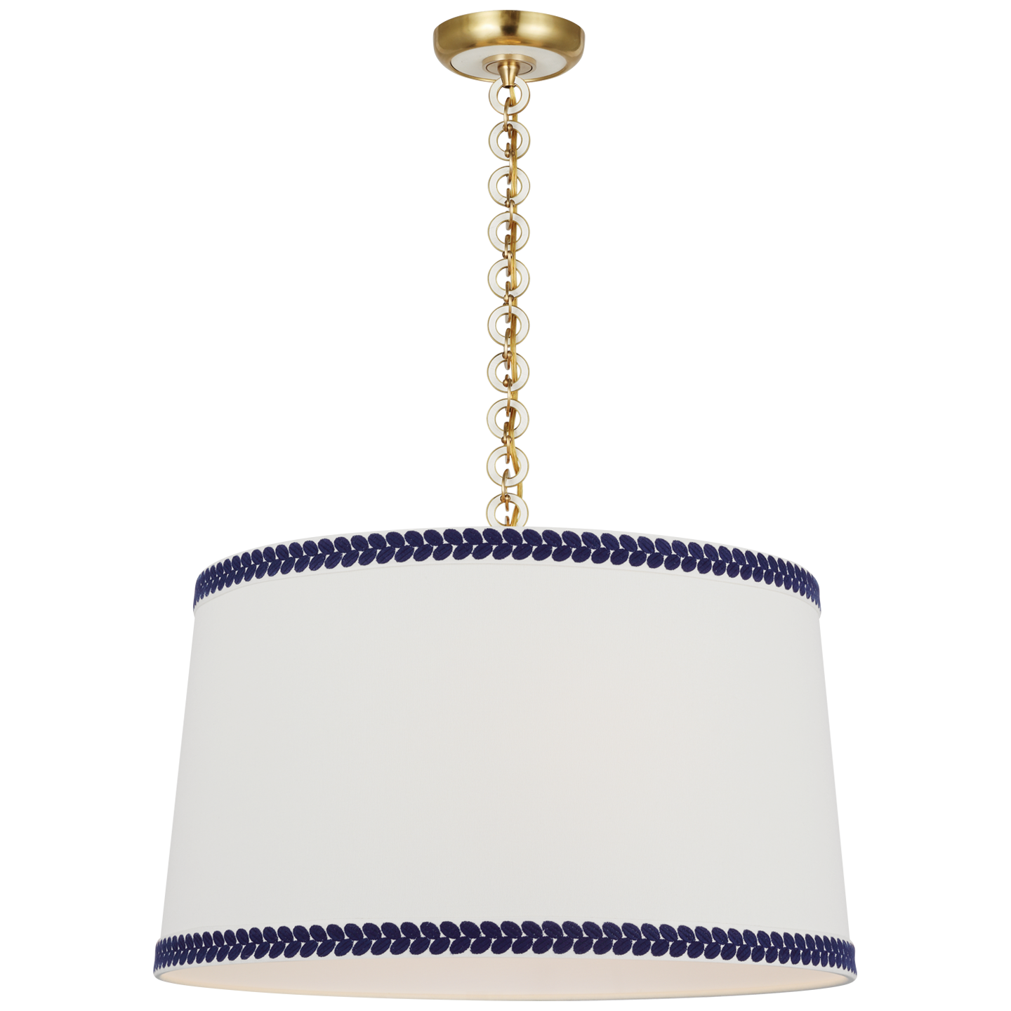 Evelyn 25" Hanging Shade | Hand-Rubbed Antique Brass and White Oak | Linen Shade and Schumacher Blue Berkeley Tape