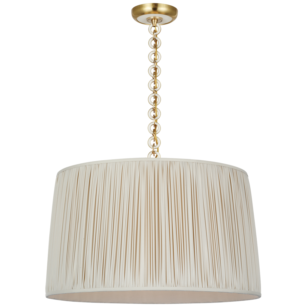 Evelyn 25" Hanging Shade | Hand-Rubbed Antique Brass and White Oak | Champagne Silk Pleated Shade