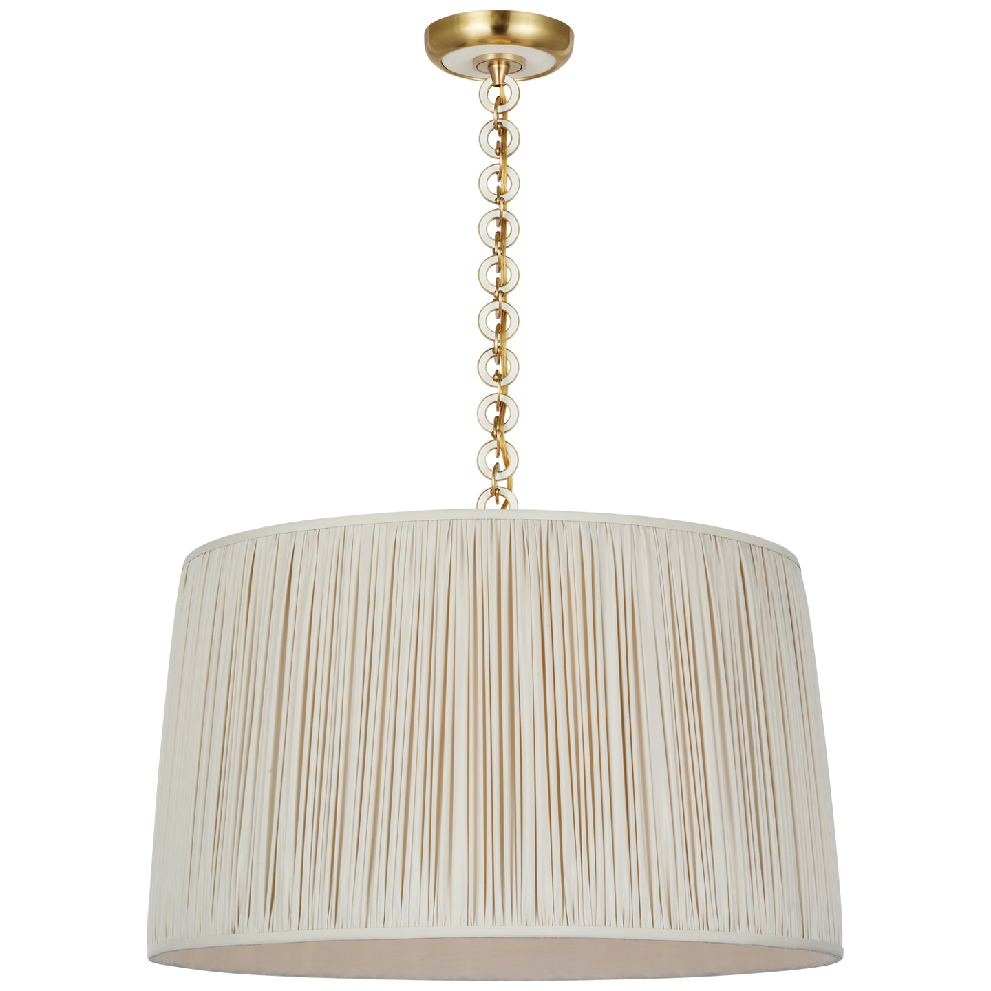 Evelyn 25" Hanging Shade | Hand-Rubbed Antique Brass and White Oak | Champagne Silk Pleated Shade