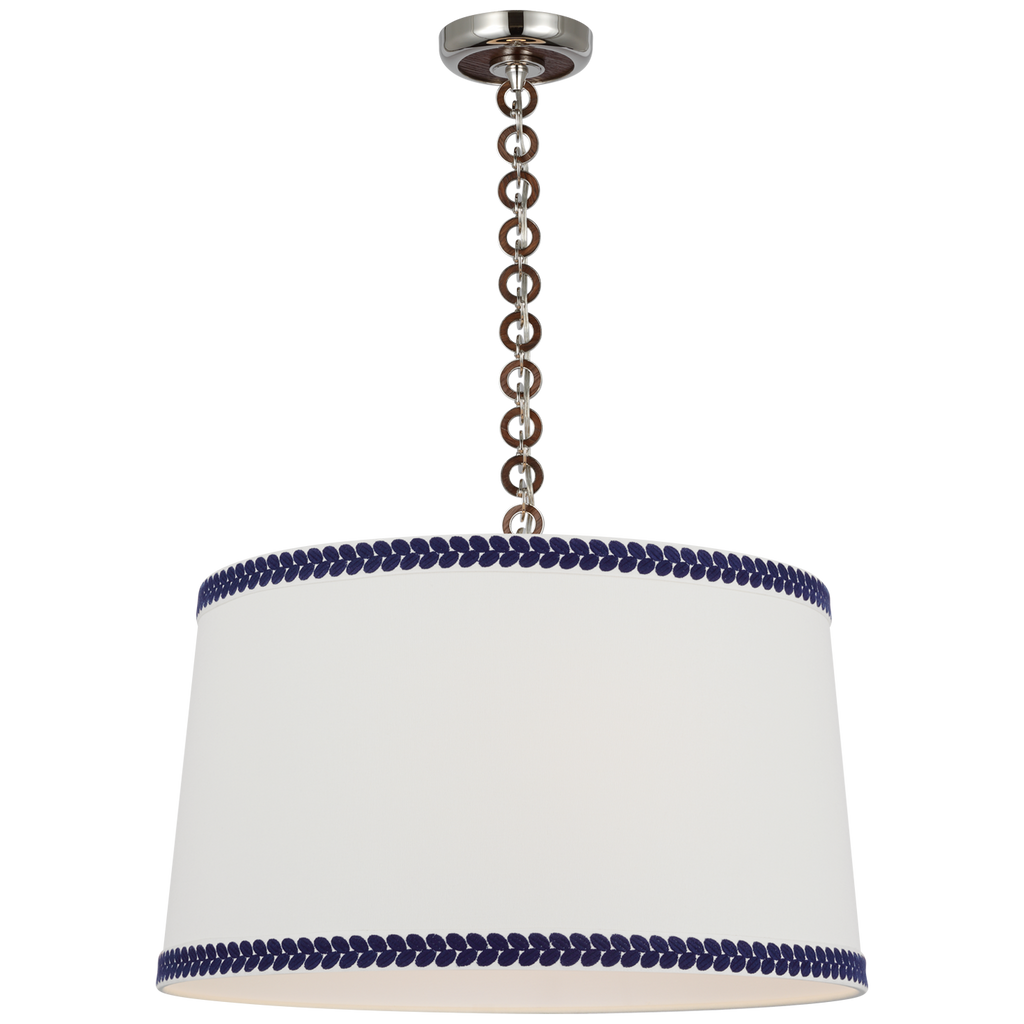 Evelyn 25" Hanging Shade | Polished Nickel and Natural Oak | Linen Shade and Schumacher Blue Berkeley Tape
