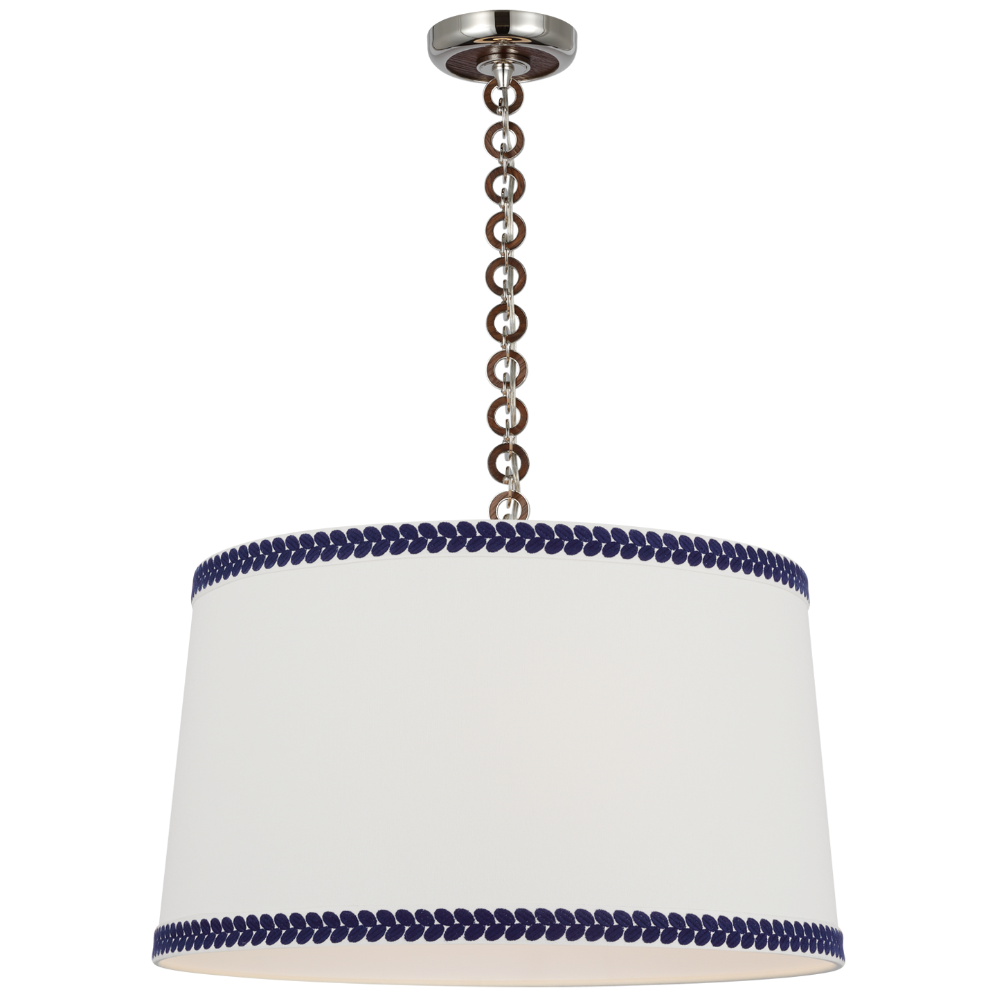 Evelyn 25" Hanging Shade | Polished Nickel and Natural Oak | Linen Shade and Schumacher Blue Berkeley Tape