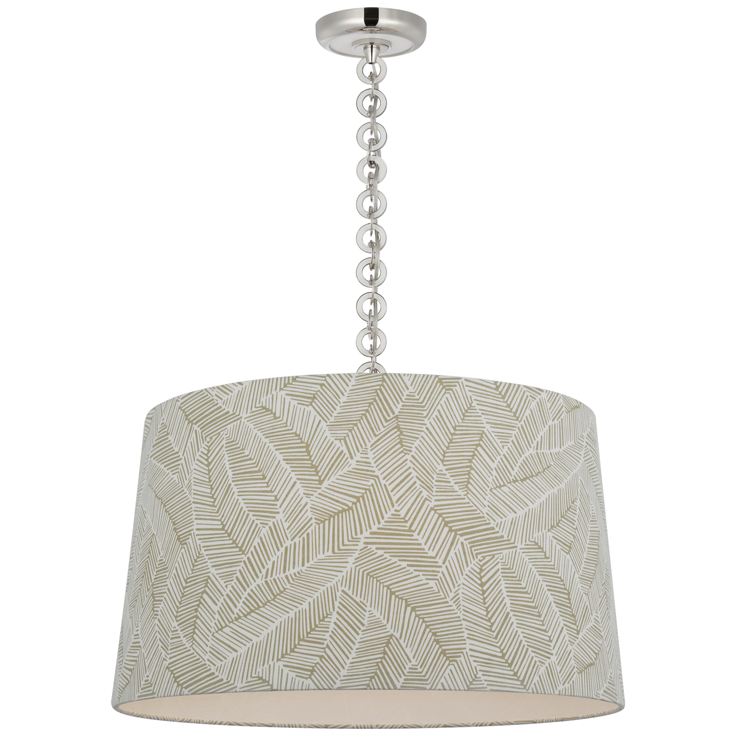 Evelyn 25" Hanging Shade | Polished Nickel and White Oak | Schumacher Taupe Abstract Leaf Shade