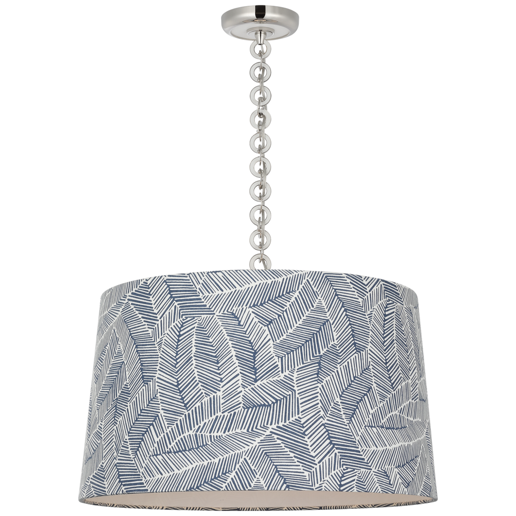 Evelyn 25" Hanging Shade | Polished Nickel and White Oak | Schumacher Navy Abstract Leaf Shade