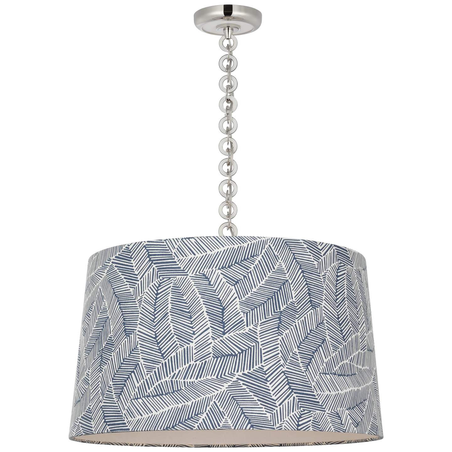 Evelyn 25" Hanging Shade | Polished Nickel and White Oak | Schumacher Navy Abstract Leaf Shade