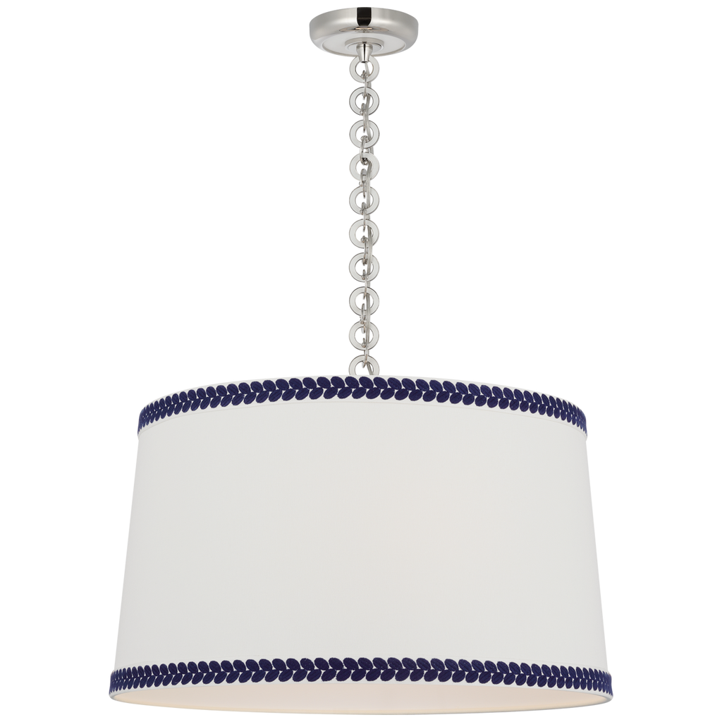 Evelyn 25" Hanging Shade | Polished Nickel and White Oak | Linen Shade and Schumacher Blue Berkeley Tape