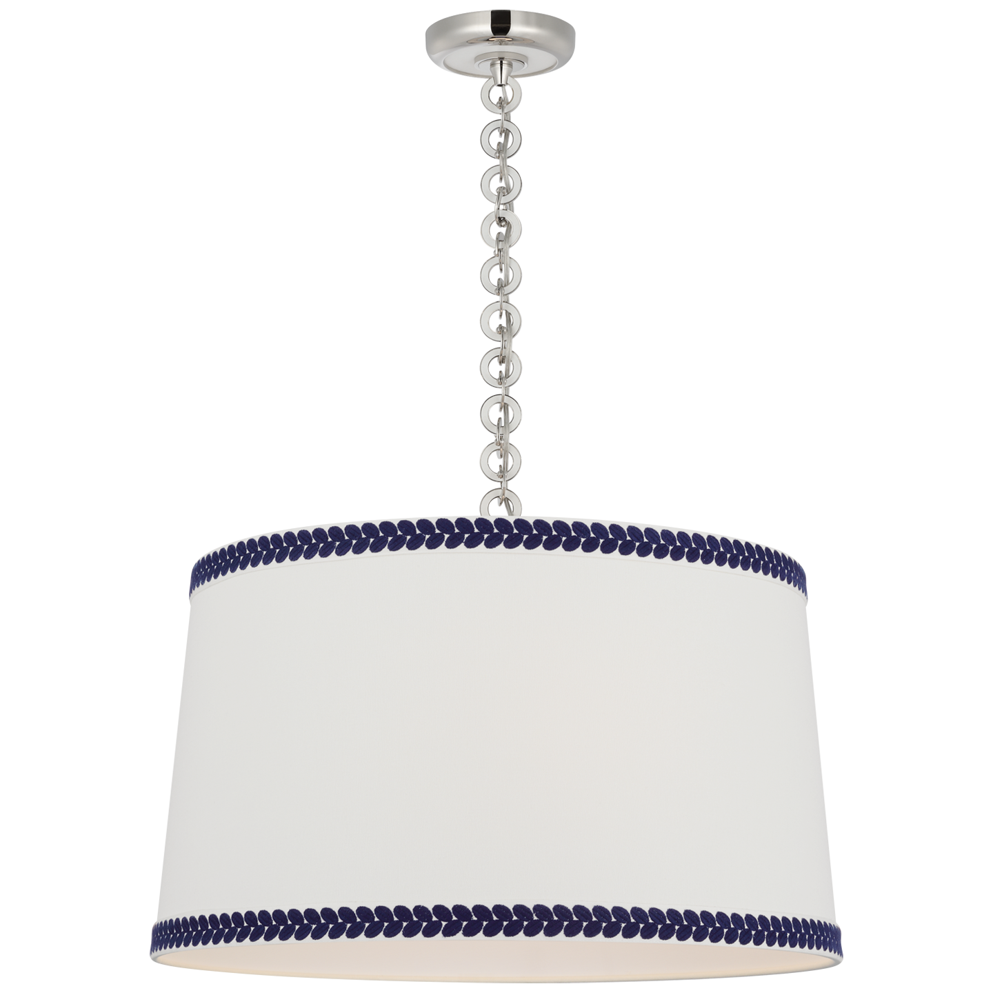 Evelyn 25" Hanging Shade | Polished Nickel and White Oak | Linen Shade and Schumacher Blue Berkeley Tape