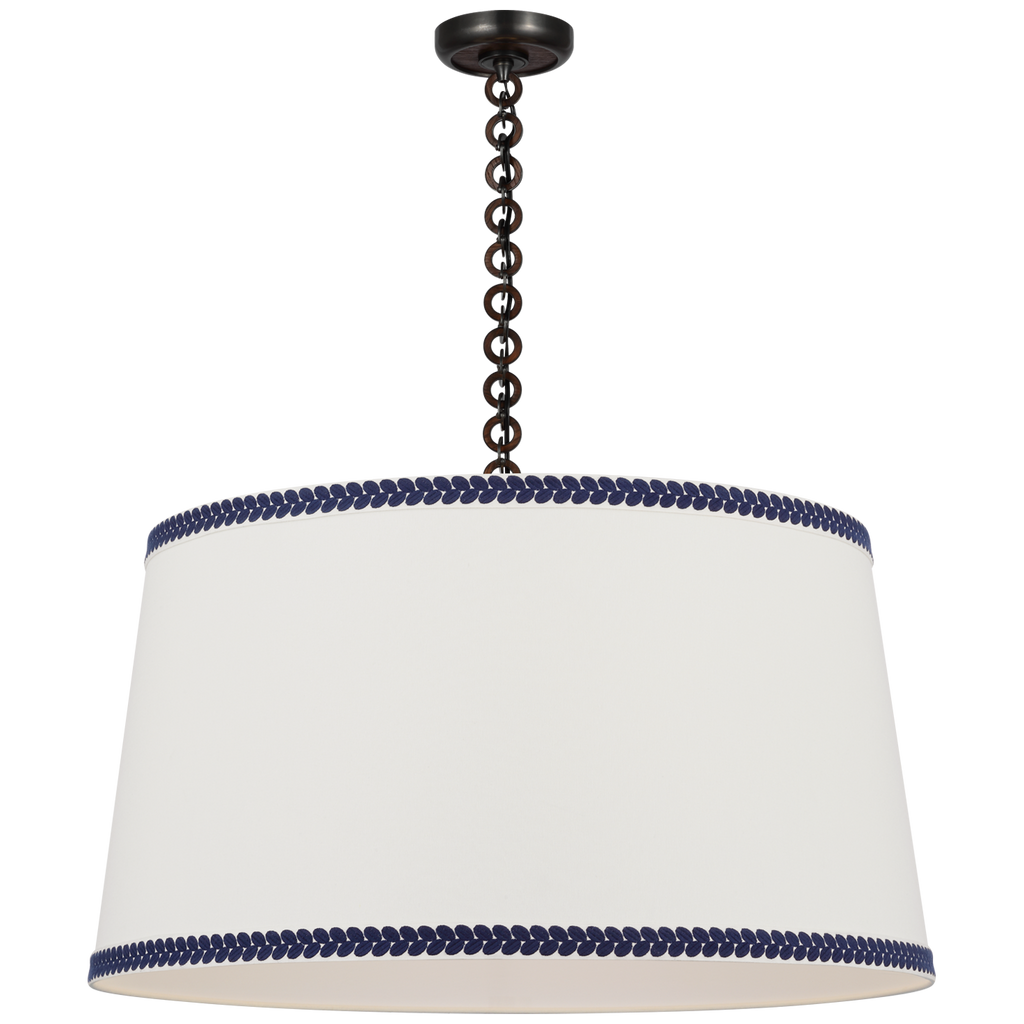 Evelyn 33" Hanging Shade | Bronze and Natural Oak | Linen Shade and Schumacher Blue Berkeley Tape