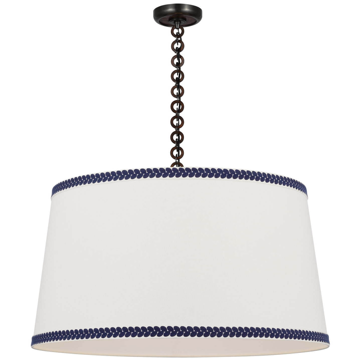 Evelyn 33" Hanging Shade | Bronze and Natural Oak | Linen Shade and Schumacher Blue Berkeley Tape