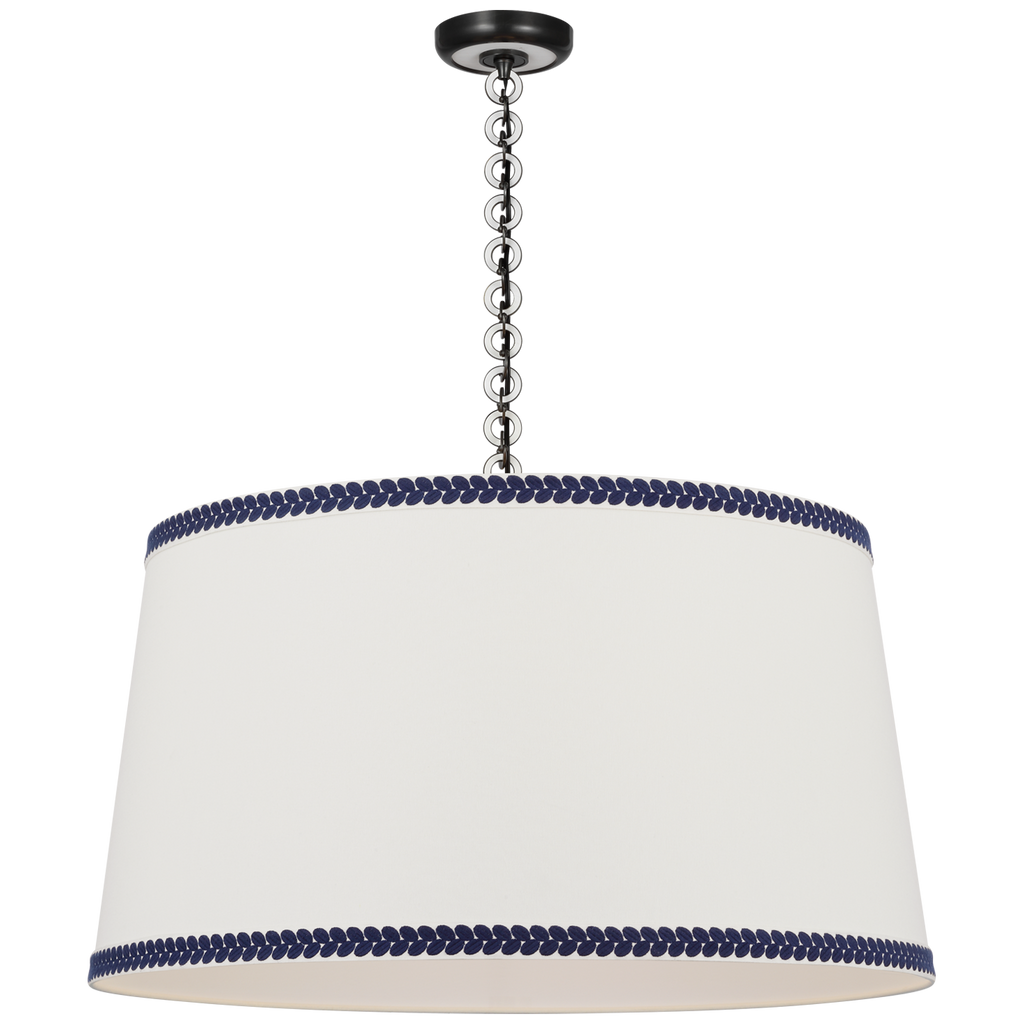 Evelyn 33" Hanging Shade | Bronze and White Oak | Linen Shade and Schumacher Blue Berkeley Tape