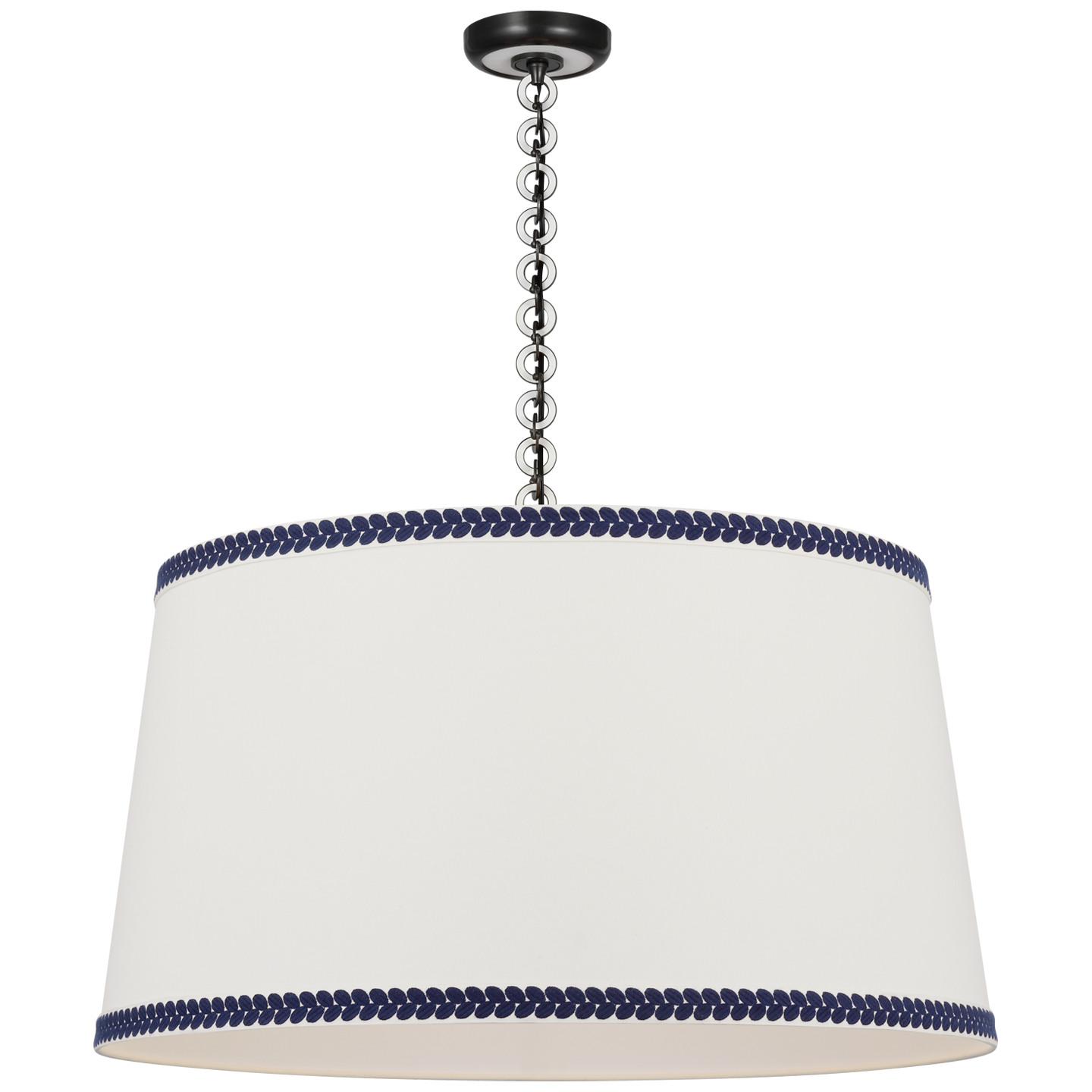 Evelyn 33" Hanging Shade | Bronze and White Oak | Linen Shade and Schumacher Blue Berkeley Tape