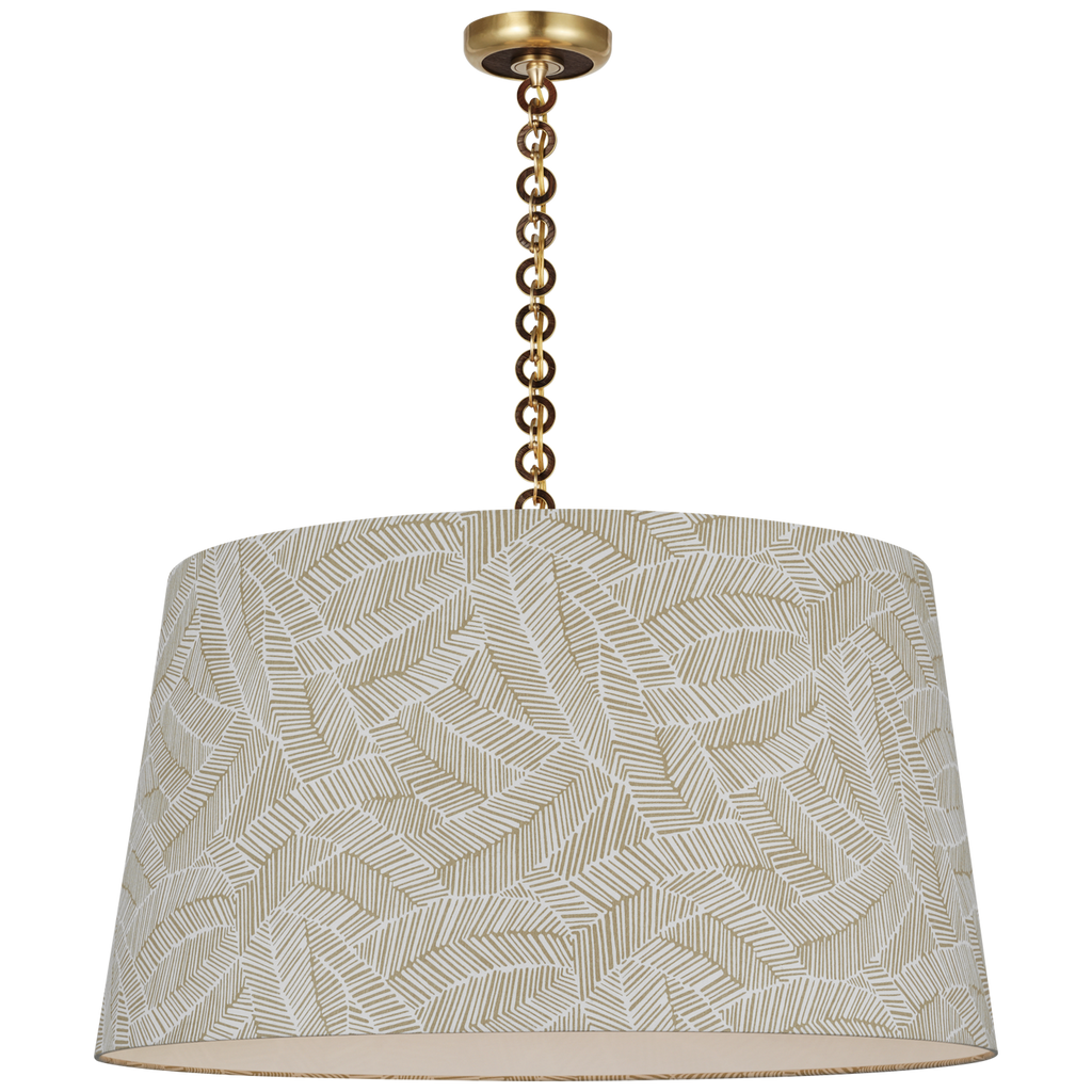 Evelyn 33" Hanging Shade | Hand-Rubbed Antique Brass and Natural Oak | Schumacher Taupe Abstract Leaf Shade