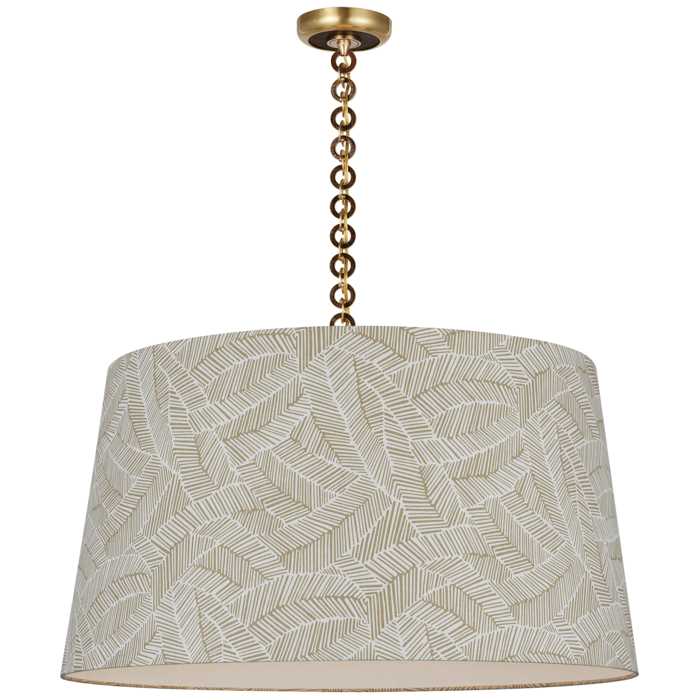 Evelyn 33" Hanging Shade | Hand-Rubbed Antique Brass and Natural Oak | Schumacher Taupe Abstract Leaf Shade