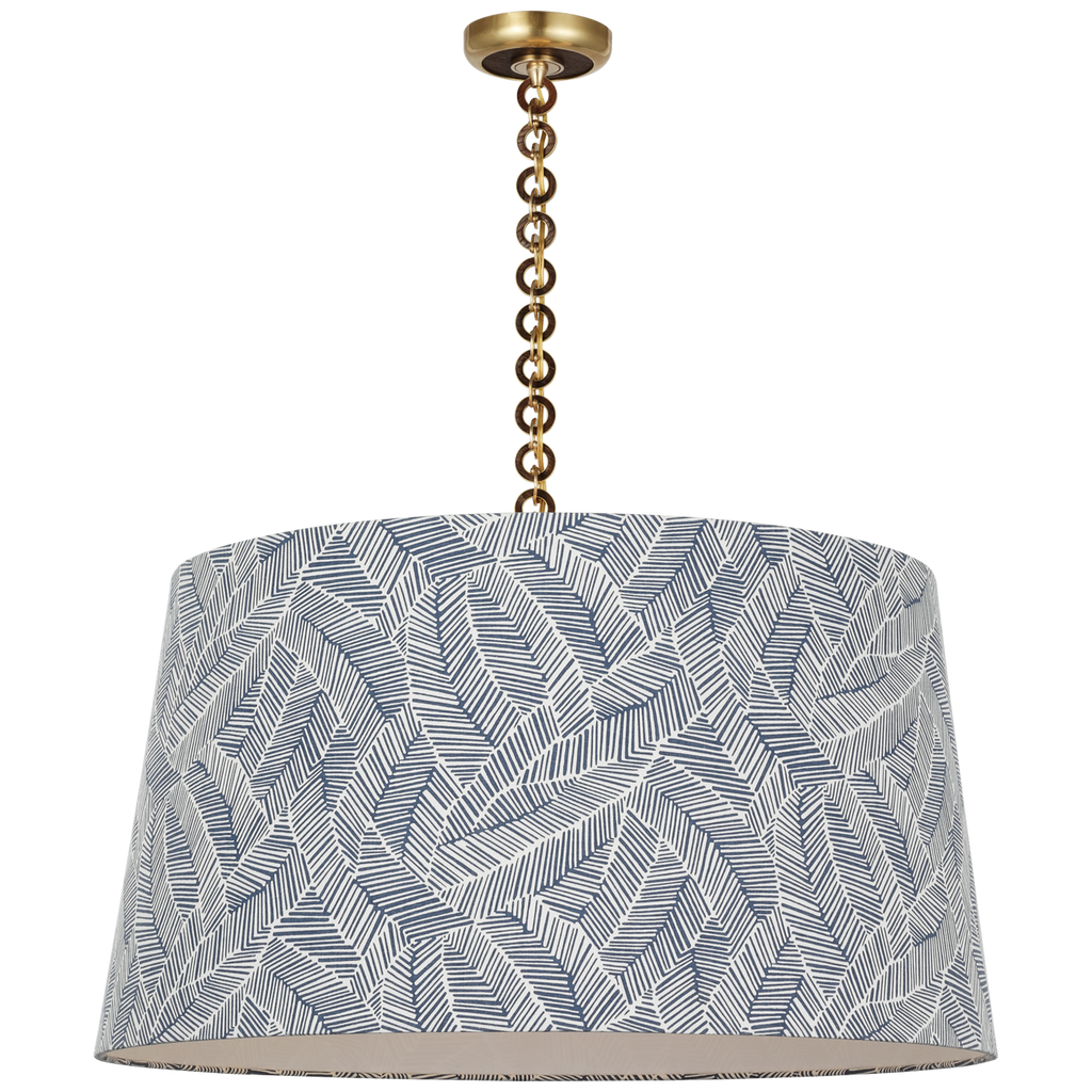 Evelyn 33" Hanging Shade | Hand-Rubbed Antique Brass and Natural Oak | Schumacher Navy Abstract Leaf Shade