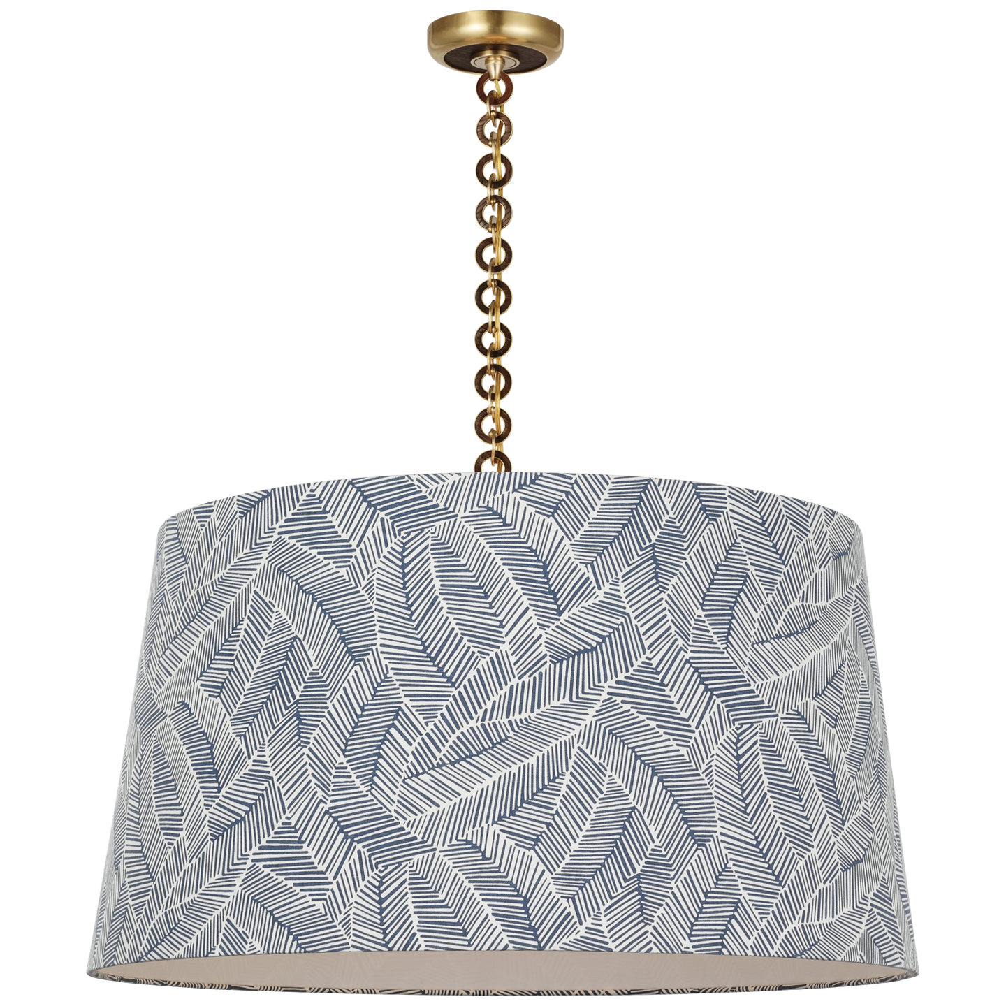 Evelyn 33" Hanging Shade | Hand-Rubbed Antique Brass and Natural Oak | Schumacher Navy Abstract Leaf Shade